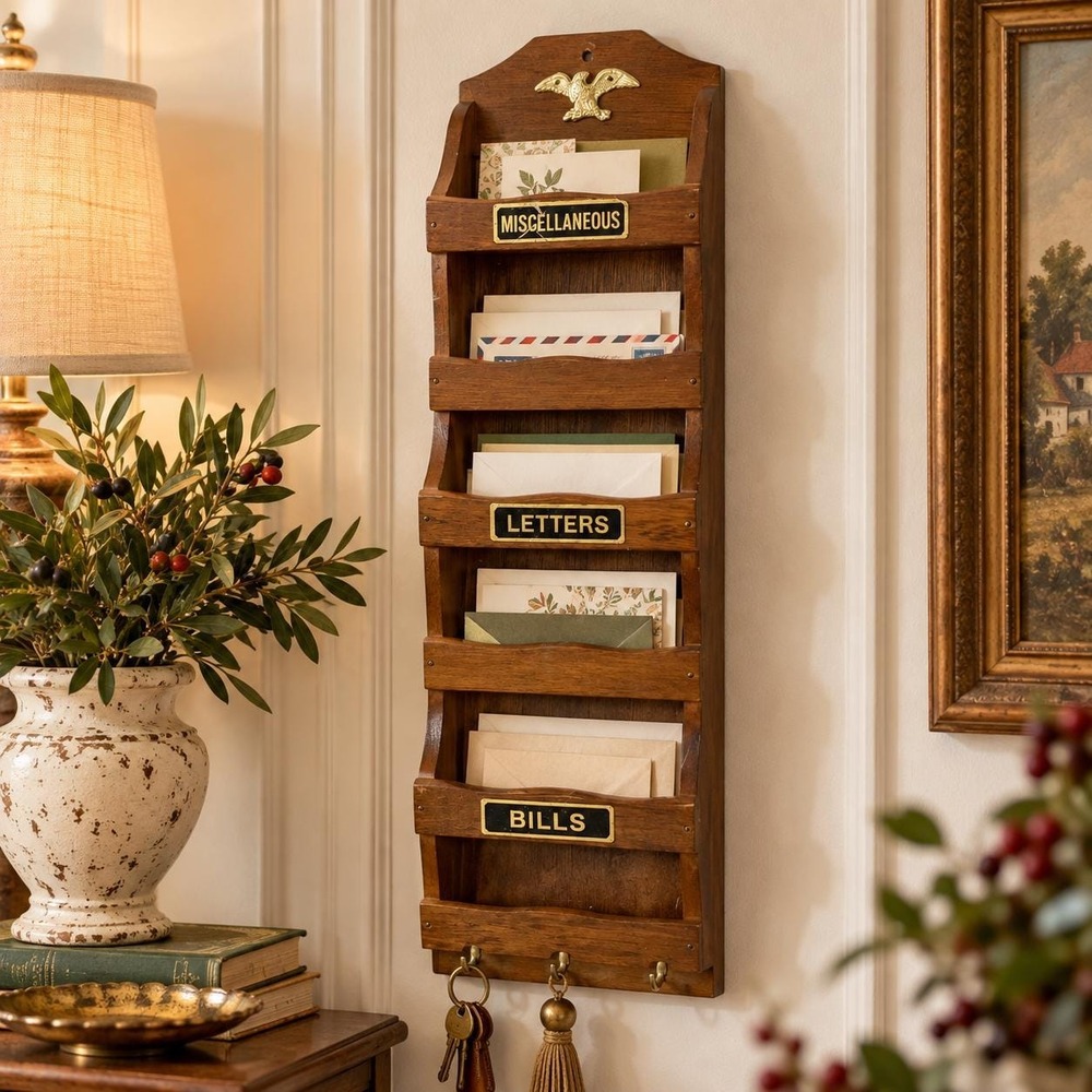 Vintage Wood Wall Mail Organizer Letter Holder Key Hooks Eagle Colonial Decor